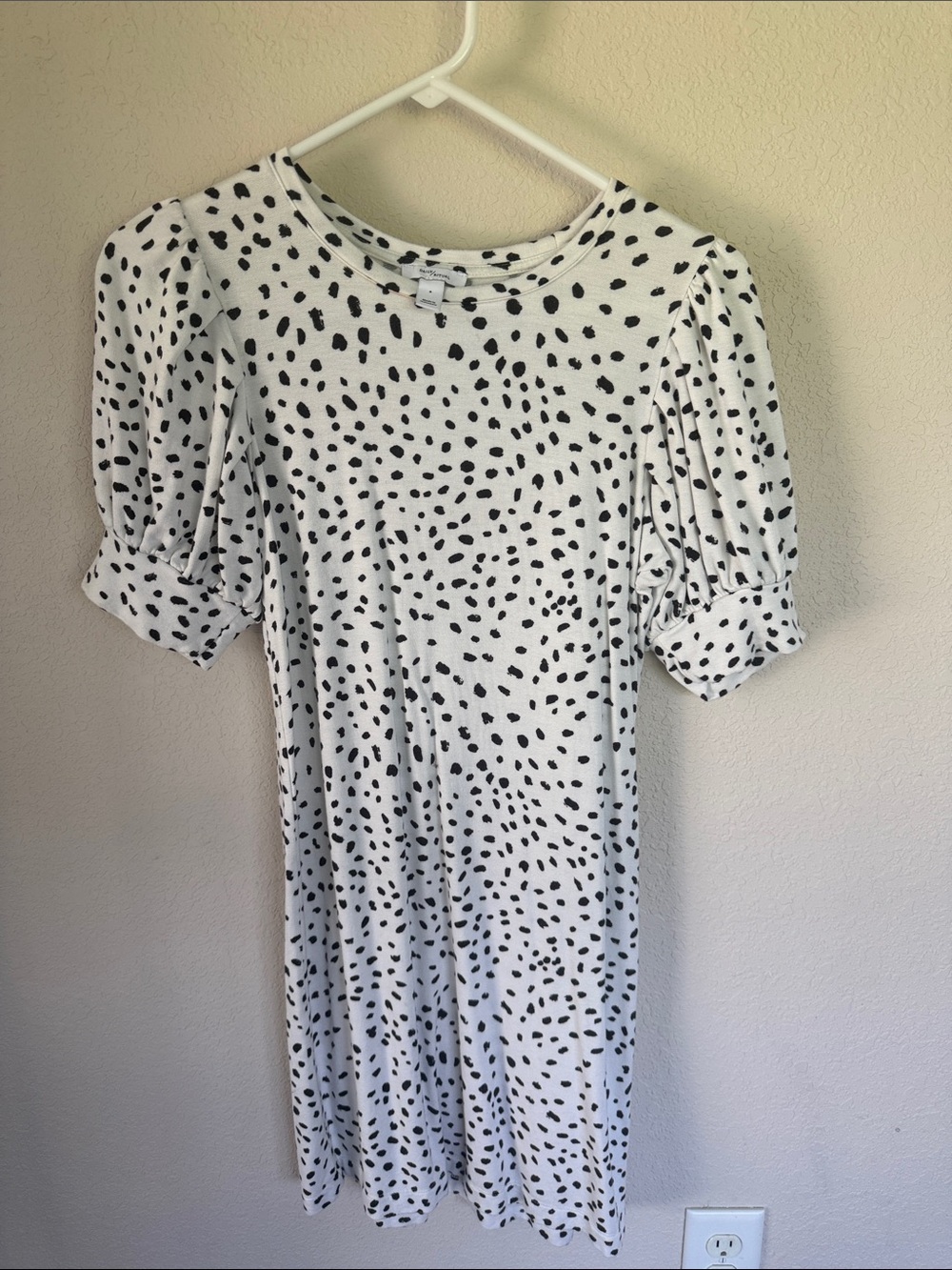 Daily Ritual White Midi Dress with Black Spot Print and Puff Sleeves